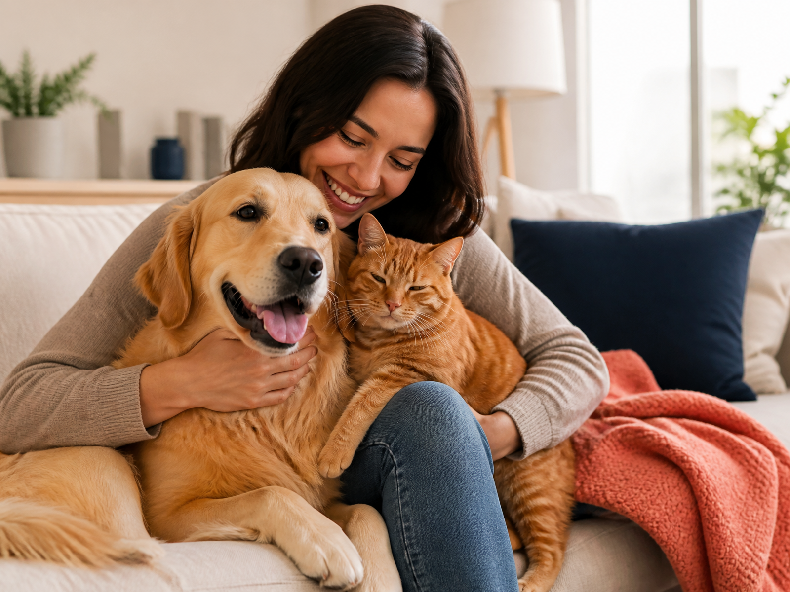 Frau umarmt glücklich Golden Retriever und rote Katze auf dem Sofa